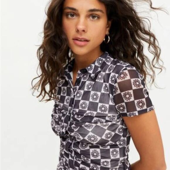 Urban Outfitters Riko Mesh Button Front Mini Dress Ruched Floral Bodycon XS - Picture 11 of 13